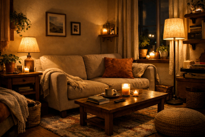 Comfortable beige sofa with pillows, wooden coffee table with candles, lamps and soft lighting in a warm, inviting living room