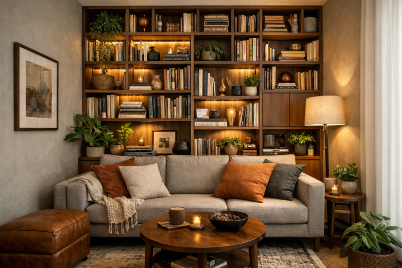 A warm living room featuring a comfortable sofa with cushions, a wooden round coffee table, and a large illuminated bookshelf filled with books and decor.