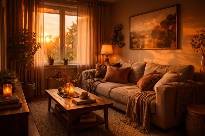 Warm and inviting living room bathed in sunset light with cozy sofa, soft cushions, candles, and natural decor
