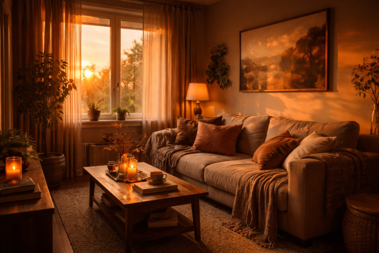 A cozy living room warmly illuminated by sunset light through a window, featuring a beige sofa with cushions, wooden coffee table and plants.