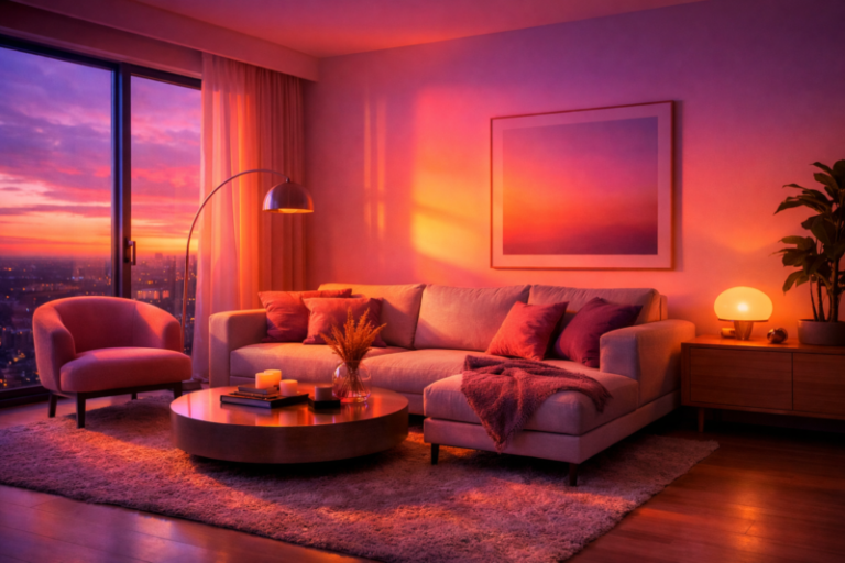 Modern living room with a beige sectional sofa, round coffee table, armchair, and city sunset view creating a warm, inviting atmosphere.