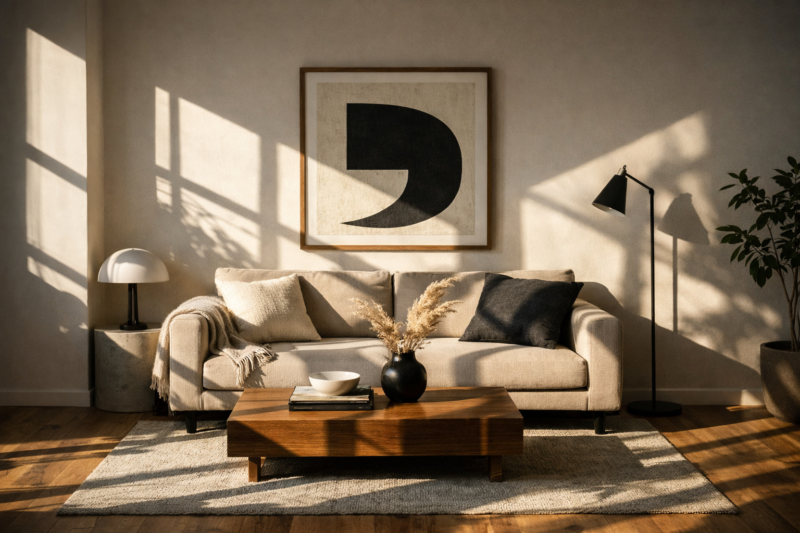 Bright modern living room with beige sofa, wooden coffee table, abstract wall art, floor lamp, and soft natural light