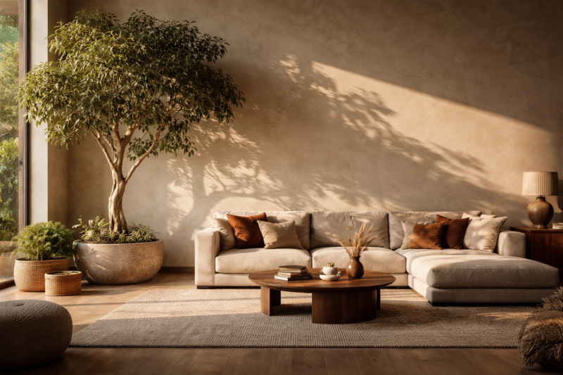 A stylish living room with a large beige sectional sofa, wooden coffee table, and lush green plants illuminated by warm natural sunlight.