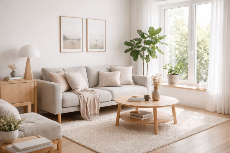 Bright living room with a beige sofa, round wooden coffee table, plants near large window, and soft neutral decor