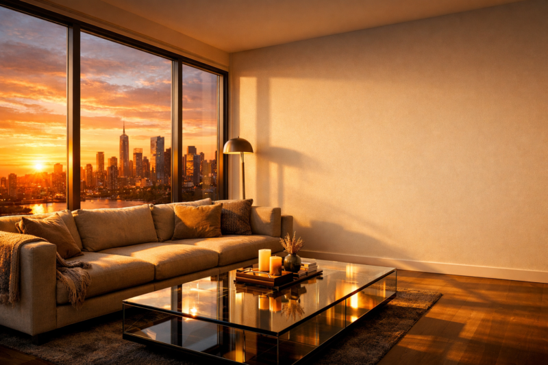 Modern living room interior with beige sofa, glass coffee table, floor lamp, and a large window showing the city skyline at sunset.
