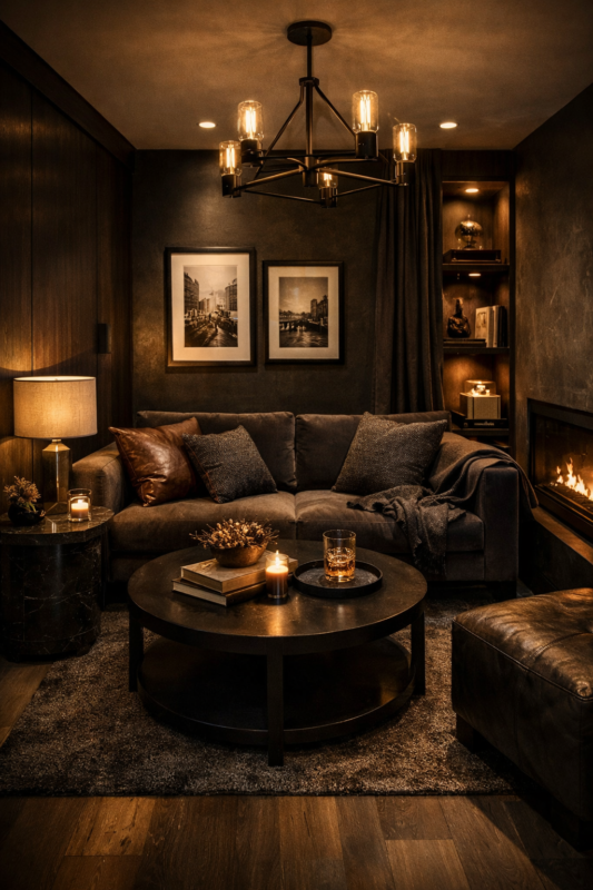 Modern cozy living room with plush sofa, warm lighting from chandelier and table lamp, fireplace, and dark wood decor