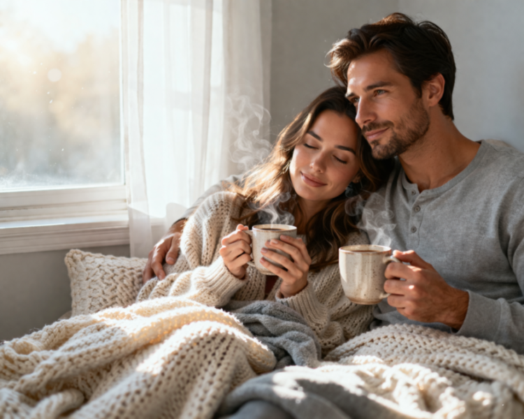 Couple cuddling on a bed wrapped in knitted blankets with steaming mugs, enjoying a peaceful morning by bright window light