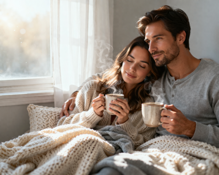 Couple cuddling on a bed wrapped in knitted blankets with steaming mugs, enjoying a peaceful morning by bright window light