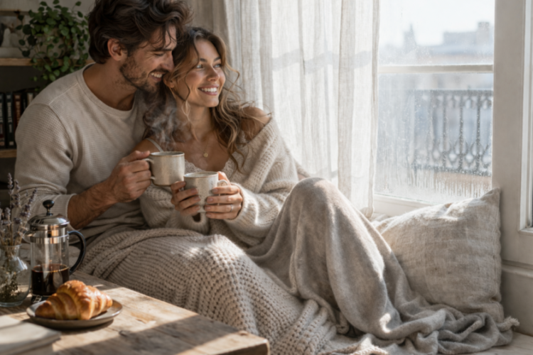 A couple smiling and enjoying morning coffee wrapped in cozy blankets by a sunlit window with a croissant on the table