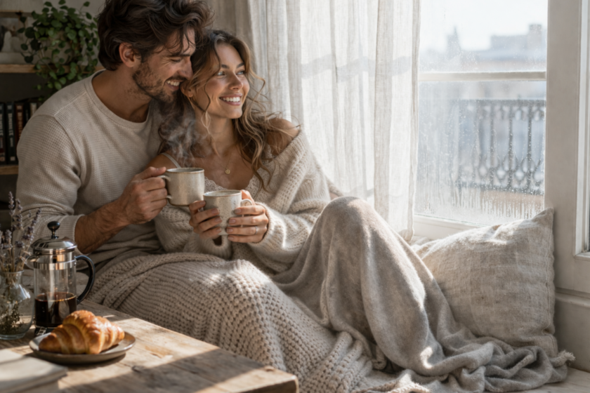 A couple smiling and enjoying morning coffee wrapped in cozy blankets by a sunlit window with a croissant on the table