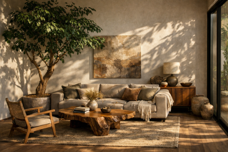 Comfortable living room featuring a live-edge wooden coffee table, beige sofa, earth-tone decor, and large potted plant by a sunlit window