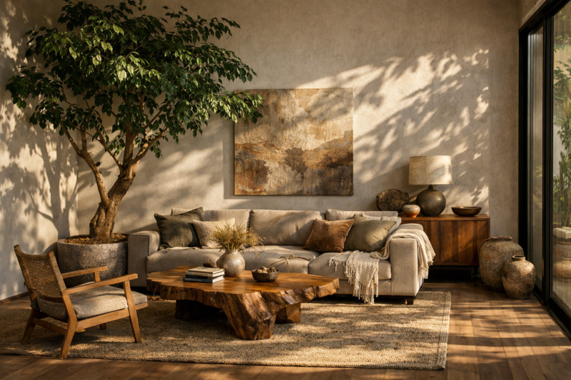 Comfortable living room featuring a live-edge wooden coffee table, beige sofa, earth-tone decor, and large potted plant by a sunlit window