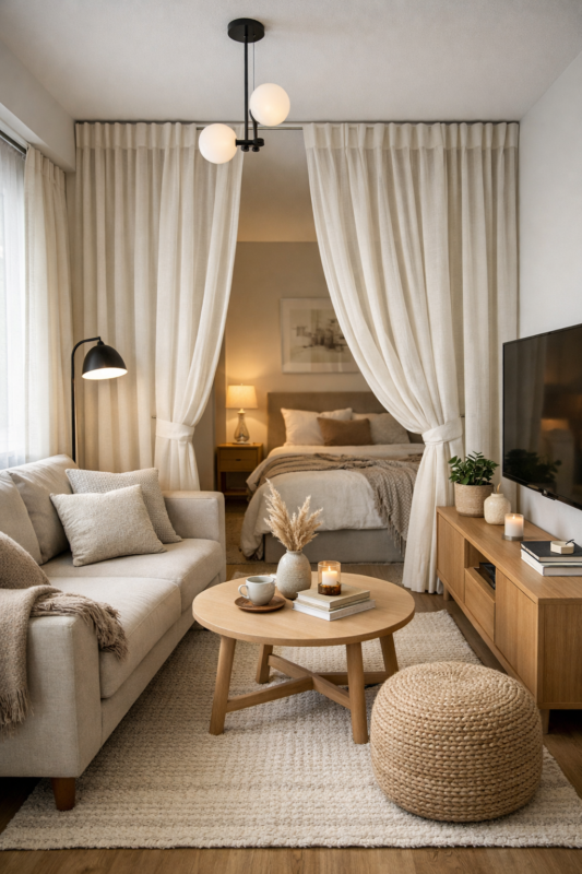 Warm and cozy living room featuring beige sofa, round wooden coffee table, textured pouf, and bedroom visible through open cream curtains