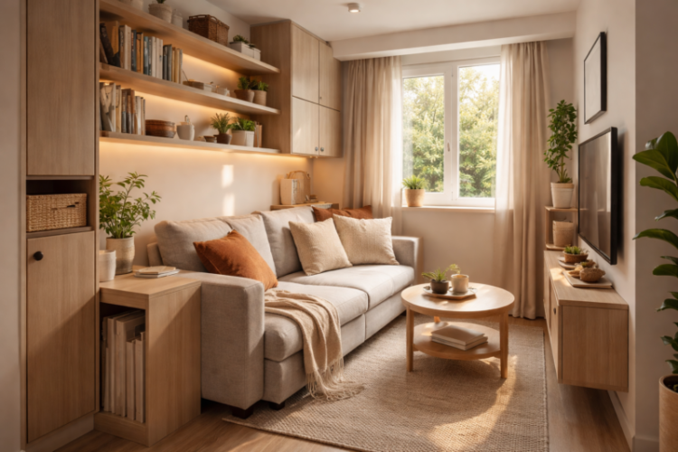Warm, inviting living room with beige sofa, wooden shelves, plants, and sunlight streaming through a window with light curtains
