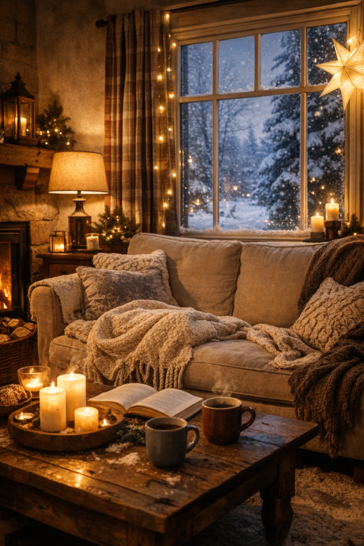 Warm and inviting living room with a beige couch, knitted blankets, lit candles on rustic coffee table, and snowy window view
