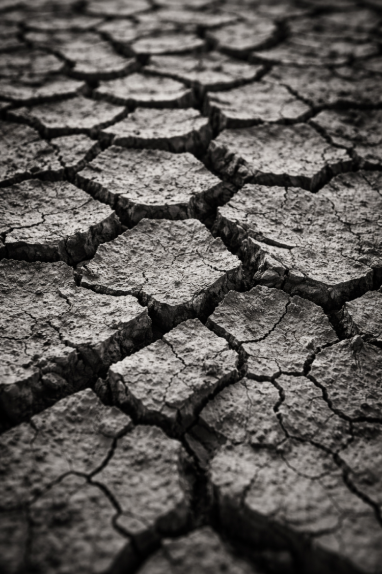 Close-up view of cracked dry earth with deep fissures and uneven surfaces in black and white