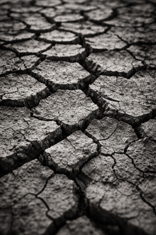 Close-up view of cracked dry earth with deep fissures and uneven surfaces in black and white
