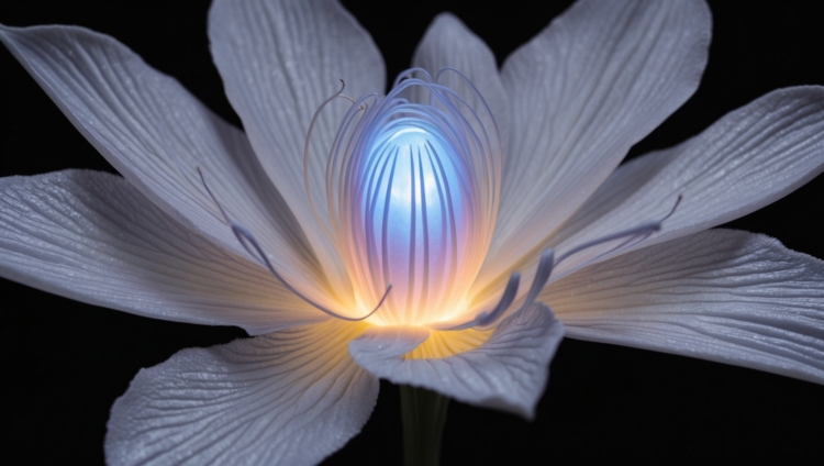 Close-up of an abstract white flower with glowing blue and yellow light in the center against a black background