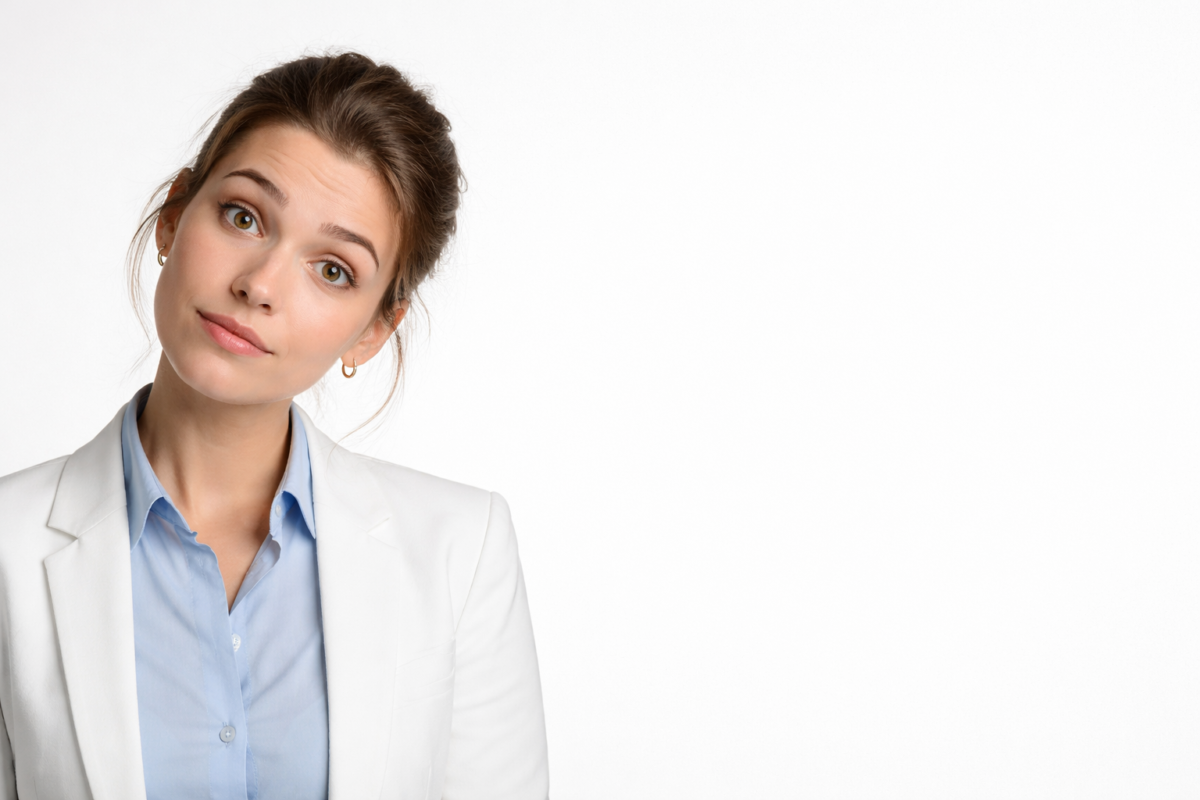 Portrait of a young woman in a white blazer and blue shirt with a curious and slightly confused facial expression