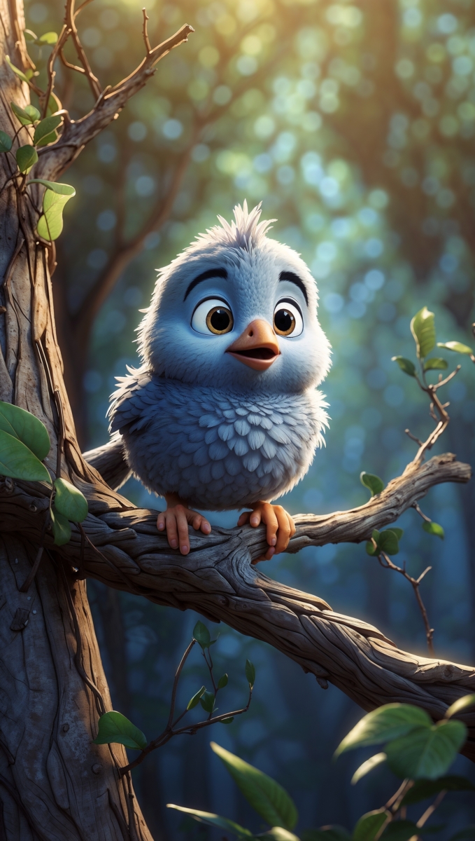 Adorable animated blue bird with fluffy feathers perched on a tree branch in a softly lit forest background.