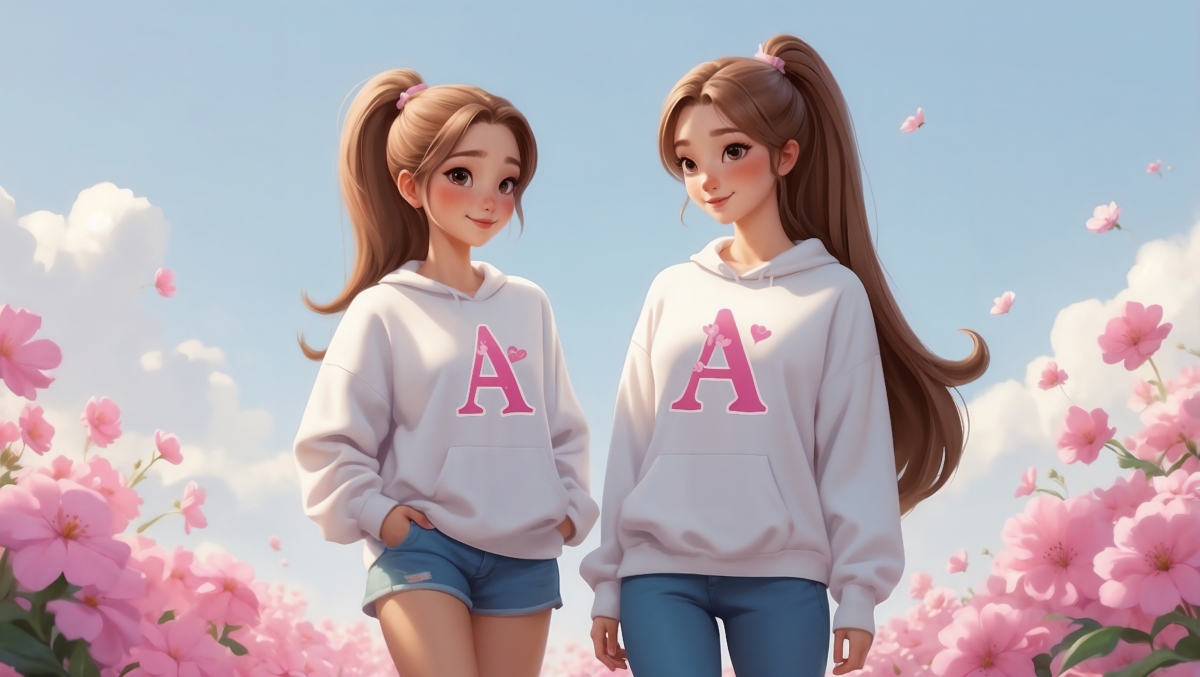Two animated twin girls with long brown hair in white hoodies with pink A logo standing amid pink flowers and blue sky