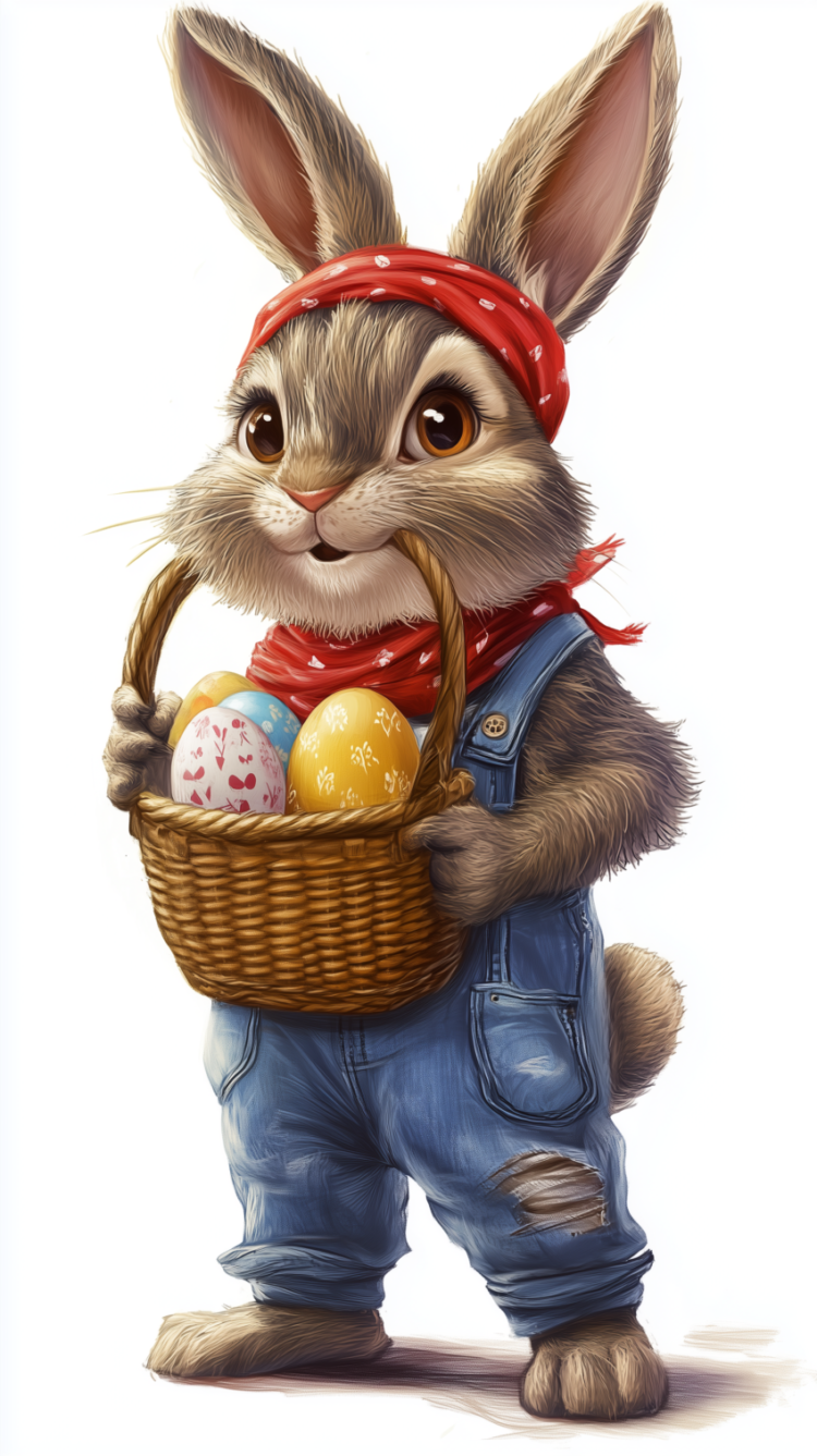 Adorable bunny wearing a red bandana and blue overalls holding a basket with colorful decorated Easter eggs