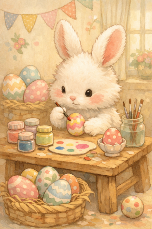 Cute white bunny painting pastel-colored Easter eggs on a wooden table with brushes and paint jars