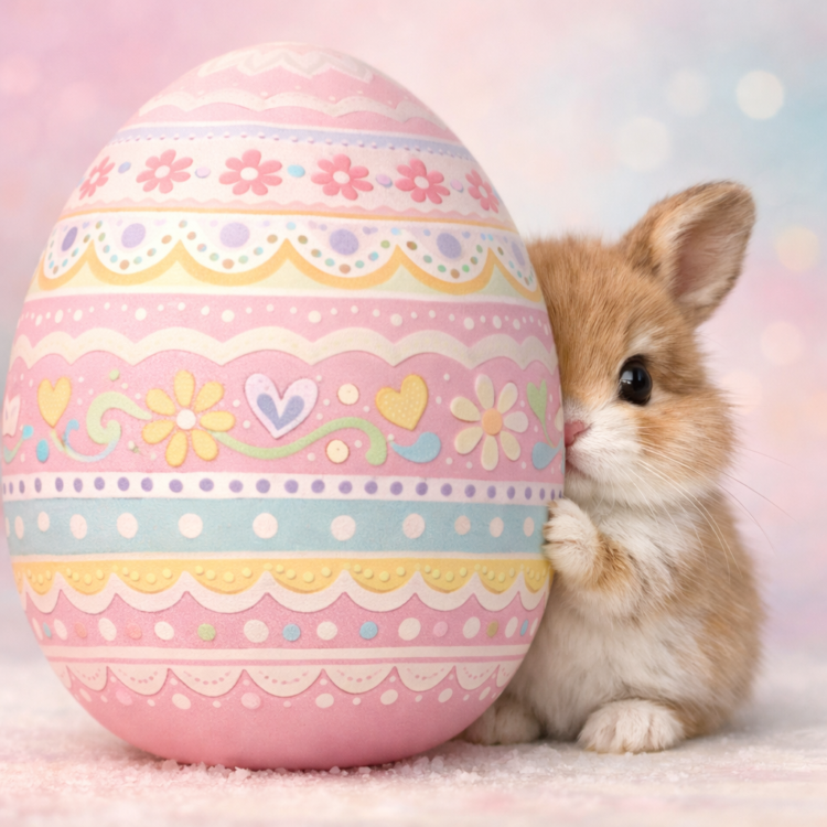 Adorable fluffy brown and white bunny peeking from behind a large pastel-colored Easter egg with floral and heart patterns
