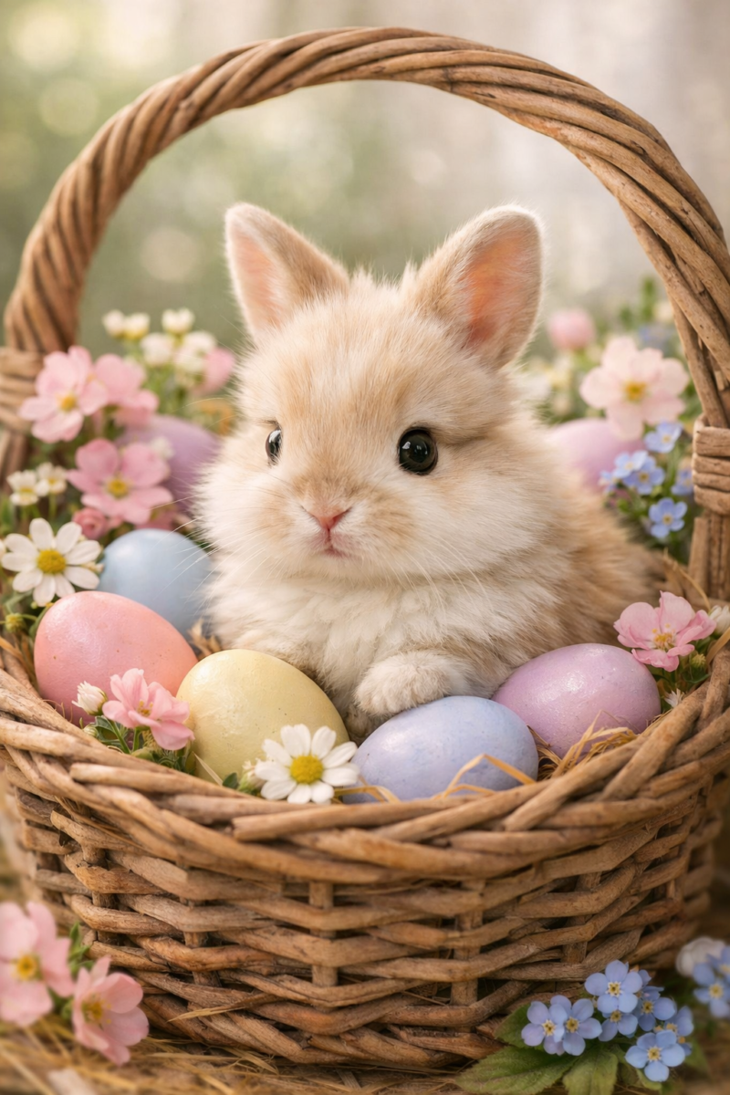 Fluffy light brown bunny sitting in a woven basket surrounded by pastel-colored eggs and delicate spring flowers
