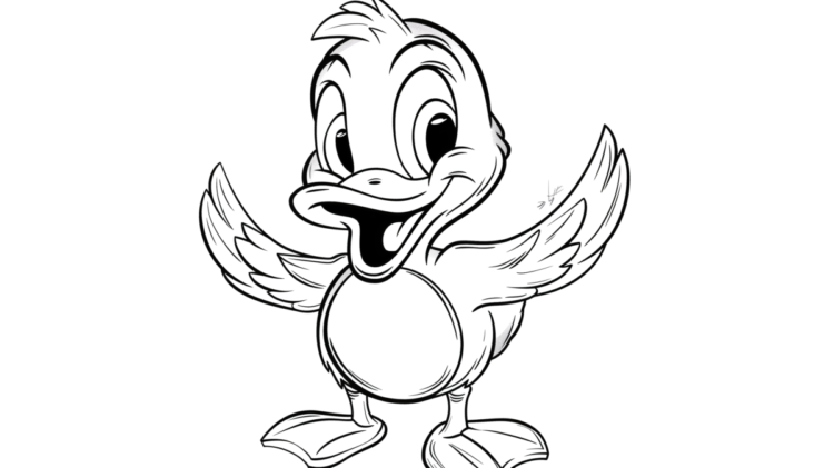 Black and white illustration of a cheerful cartoon baby duck with wings spread and big expressive eyes