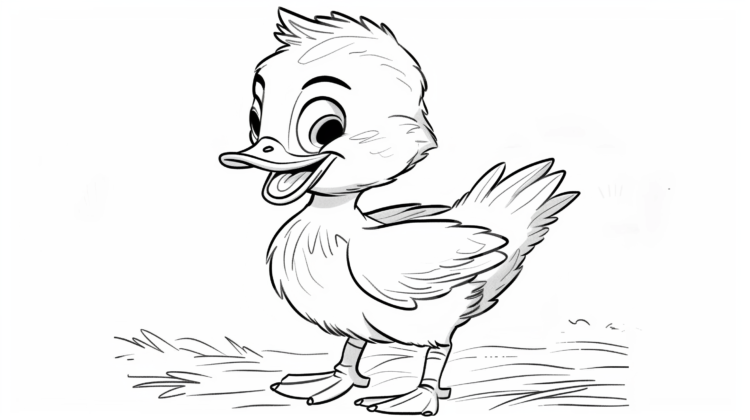 Black and white cartoon illustration of a happy duckling standing with open beak and big eyes on simple ground