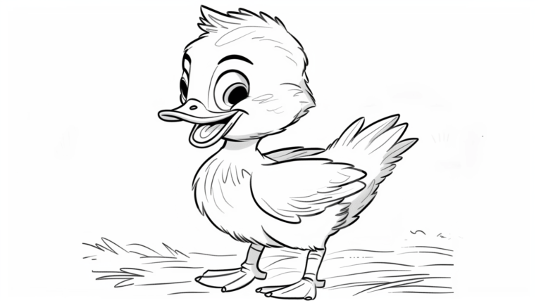 Black and white line drawing of a cheerful cartoon duckling standing on grass