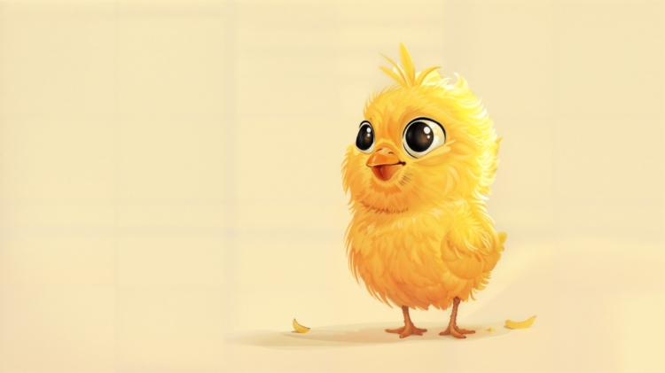 Illustration of a fluffy yellow chick with big expressive eyes on a light beige background