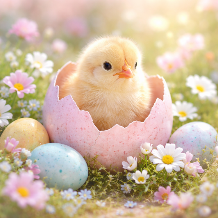 Cute yellow chick emerging from a pink cracked eggshell surrounded by pastel Easter eggs and spring flowers