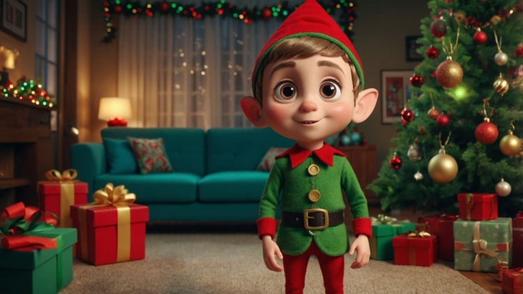 A smiling young Christmas elf with big eyes in green and red outfit stands in a festive living room decorated with a Christmas tree and colorful gift boxes.