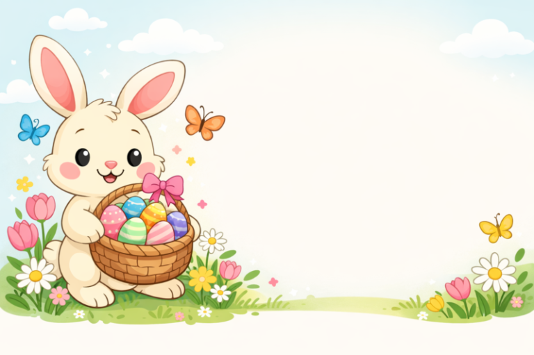 Adorable Easter bunny standing amidst colorful flowers holding a basket filled with vibrant decorated Easter eggs with butterflies flying nearby