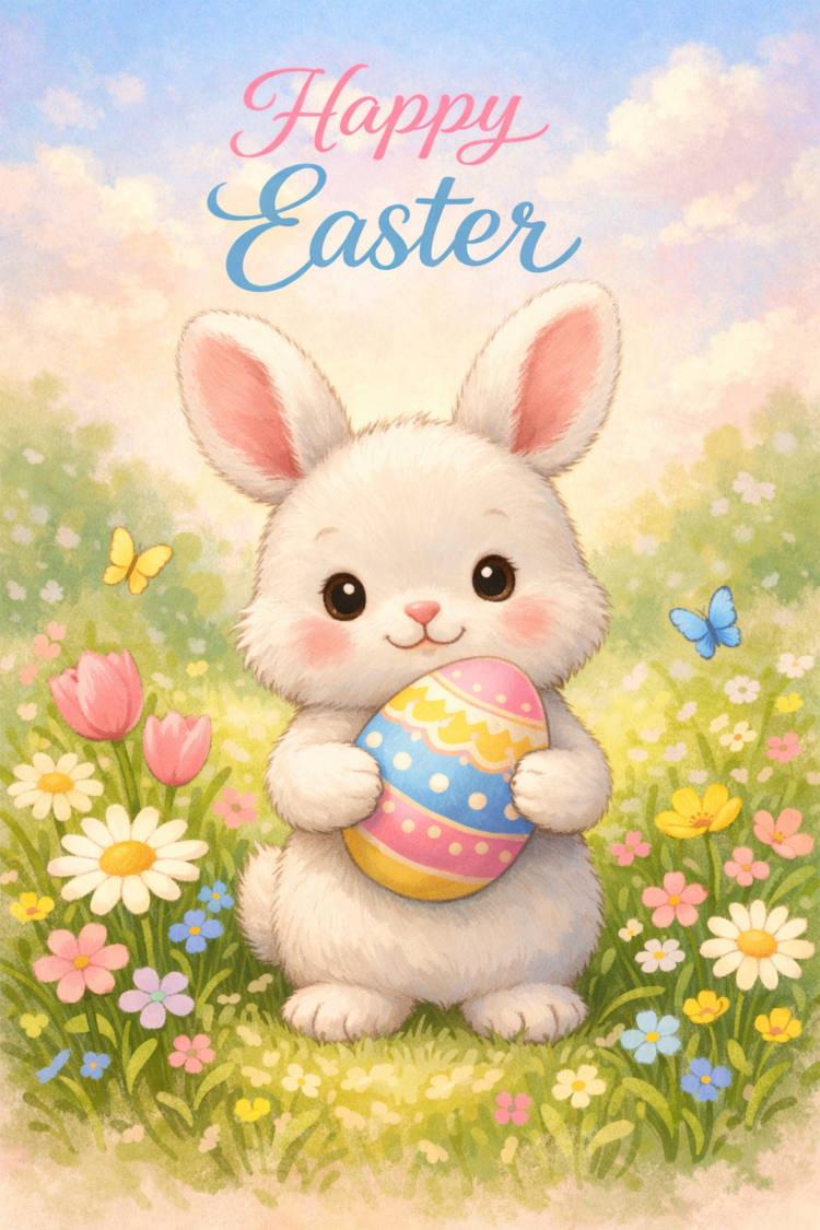 Adorable white bunny with pink ears holding a decorated Easter egg in a vibrant flower-filled meadow with butterflies