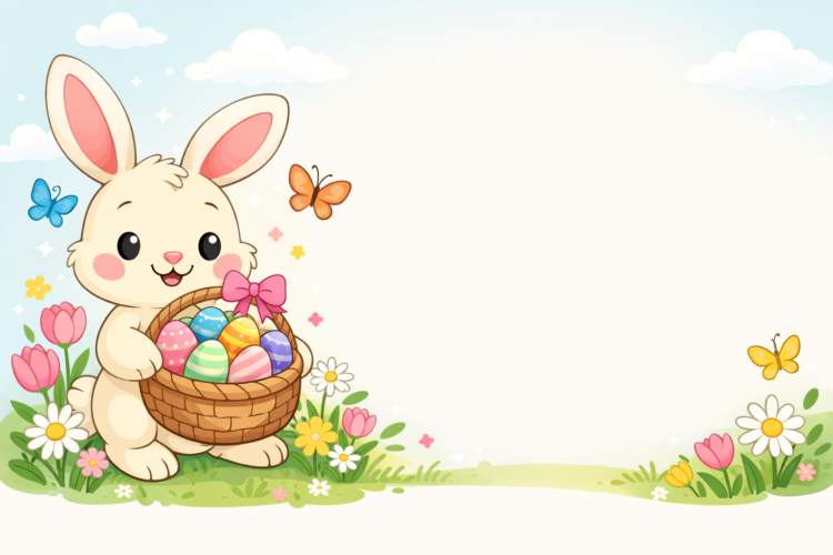 Illustration of a happy Easter bunny holding a basket full of colorful decorated eggs surrounded by flowers and butterflies