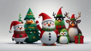 A group of charming holiday-themed characters including snowmen, a Christmas tree duck, penguins, and a reindeer holding a gift on a snowy background