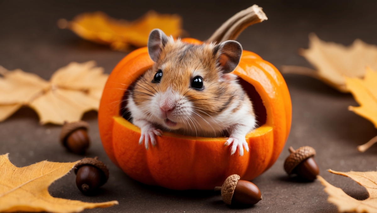 Adorable small hamster peeking out from hollowed orange pumpkin with scattered acorns and fall leaves on brown surface
