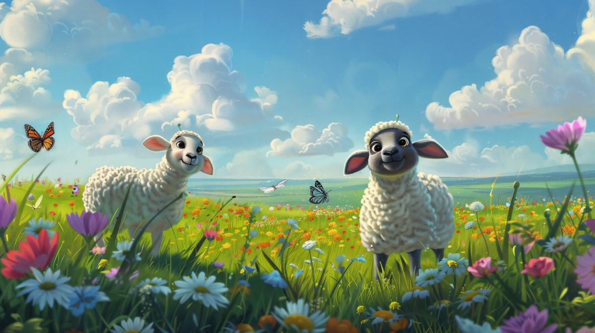 Two adorable lambs standing in a colorful meadow filled with wildflowers and butterflies under a bright blue sky with fluffy clouds