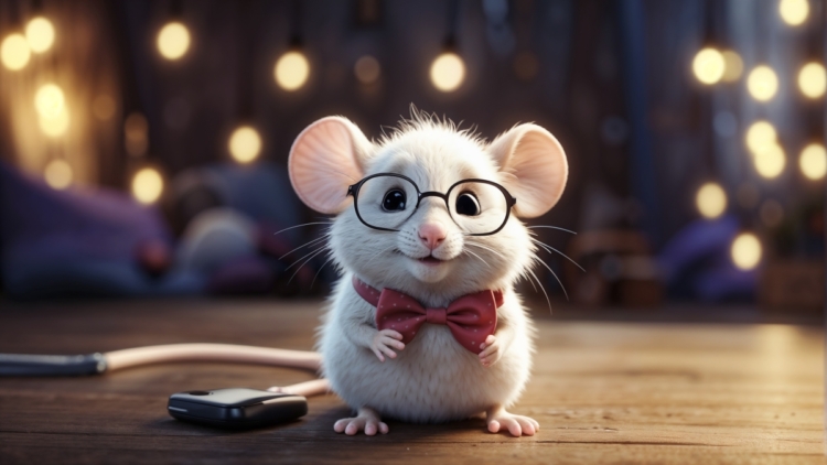Adorable white mouse with glasses and a red bow tie sitting on wooden floor with blurred lights background