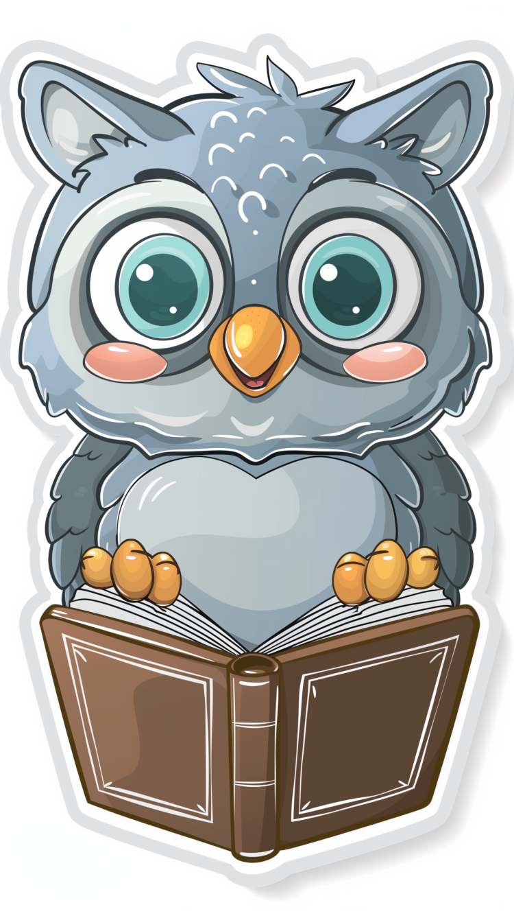 Illustration of a cute blue-grey cartoon owl with big eyes holding and reading a brown book