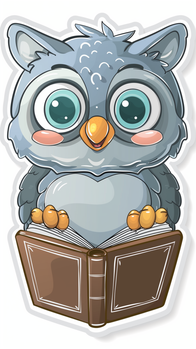 Adorable cartoon owl with big eyes reading a brown book, showcasing a charming and whimsical style