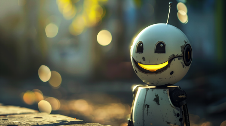 A smiling retro robot with a glowing mouth and antenna stands in soft-focus with warm bokeh lights in the background