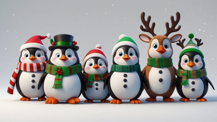 Group of adorable penguins and a reindeer in festive scarves and hats against a snowy background