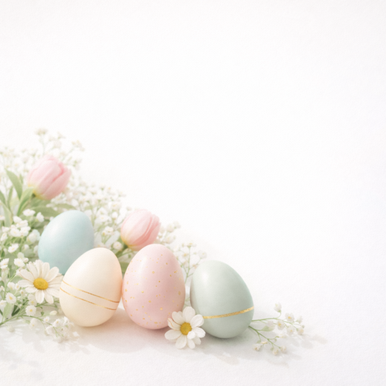 Soft pastel-colored Easter eggs decorated with gold accents surrounded by delicate daisies and pink tulips on a white background