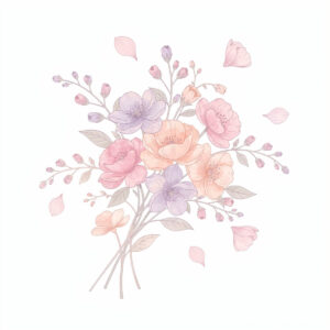 Delicate pastel floral bouquet with pink, purple, and peach flowers and green leaves on a white background