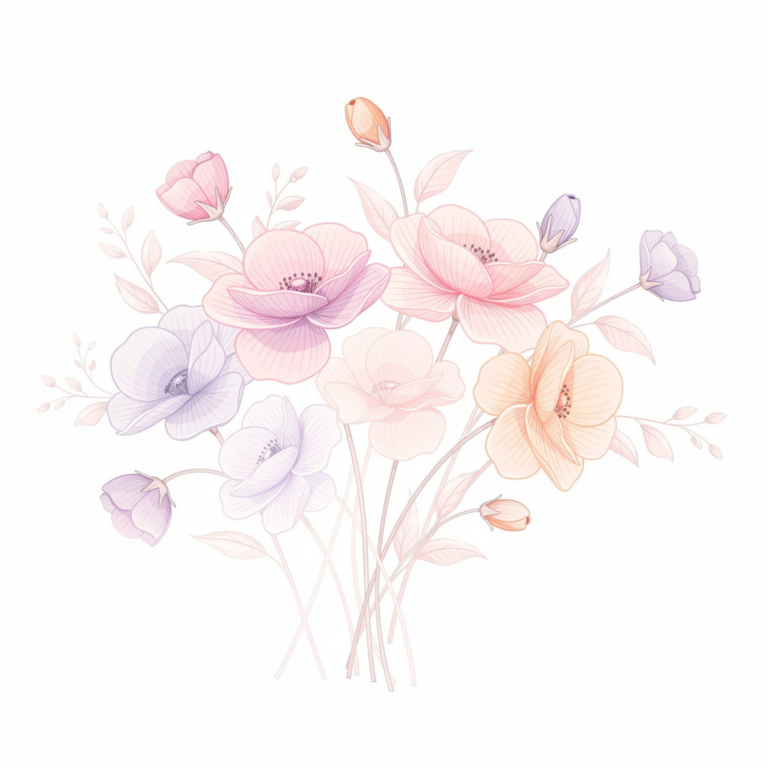 Soft pastel-colored floral bouquet illustration with delicate pink, purple, and orange flowers on thin stems