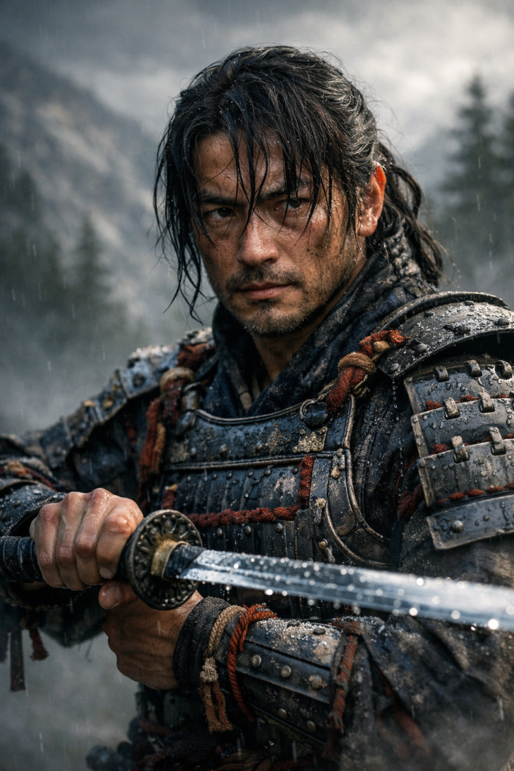 Close-up of a determined samurai warrior in traditional armor holding a katana sword, standing in rainy mountainous terrain.